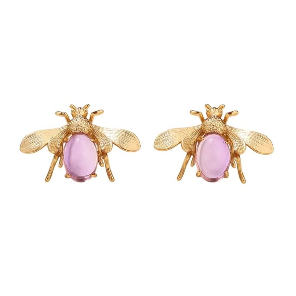Bee Bug Earrings Pierced Purple Cabochon Gold Tone Chandelier New